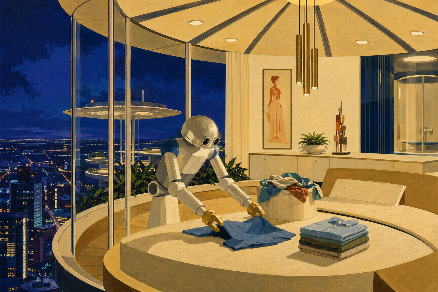 Painted illustration of the robot folding laundry alone at the table