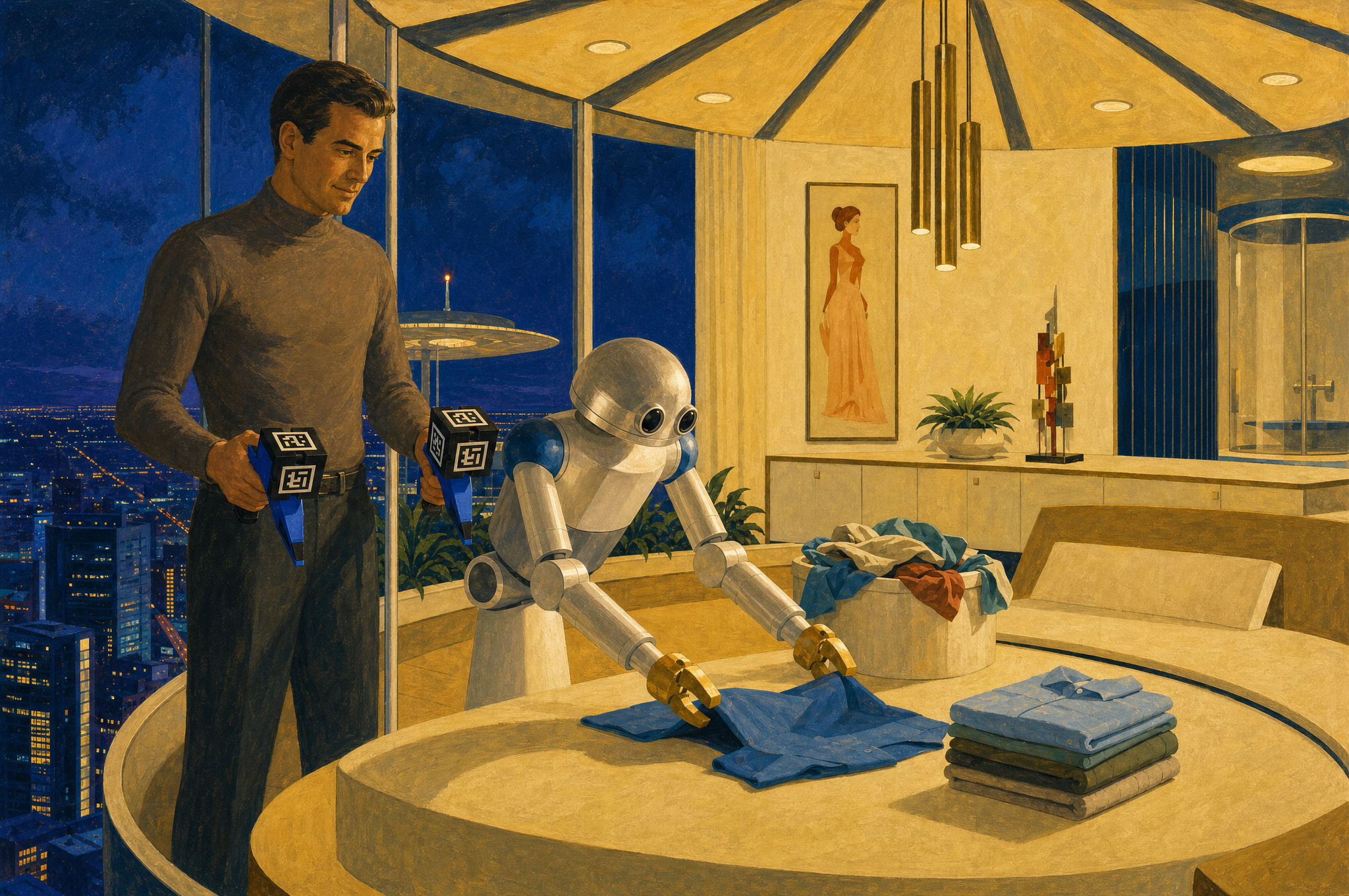 Painted illustration of a person correcting the robot as it attempts a task
