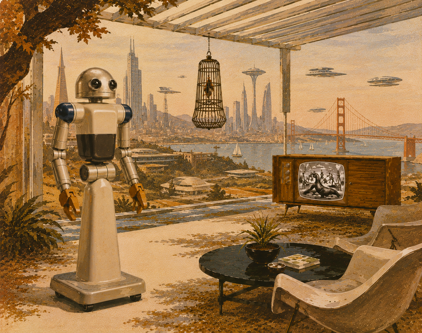 Painted illustration of a robot on a San Francisco terrace