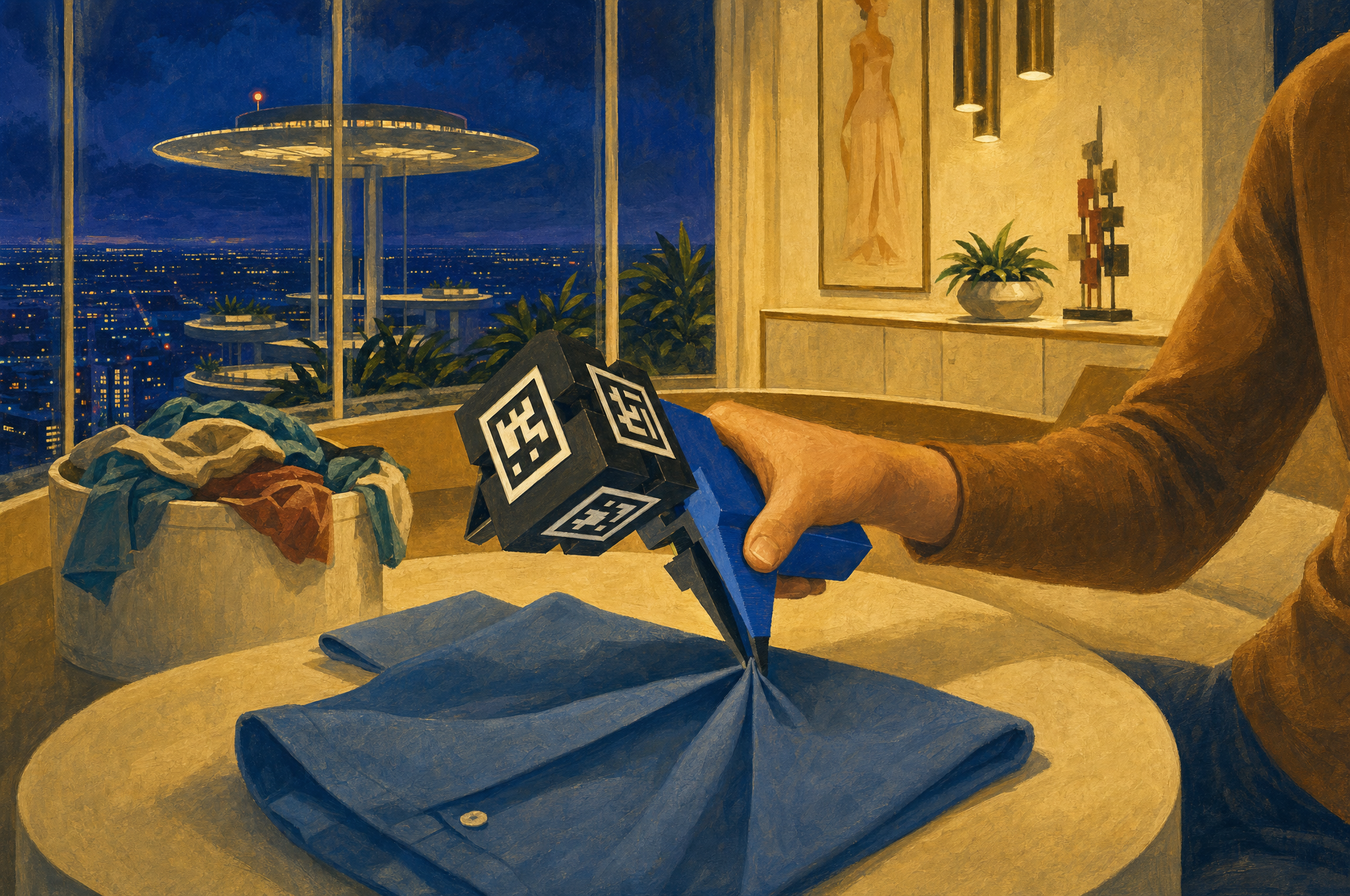 Painted illustration of a person demonstrating a task with handheld controllers